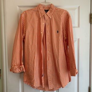 Polo button down in orange checkered pattern